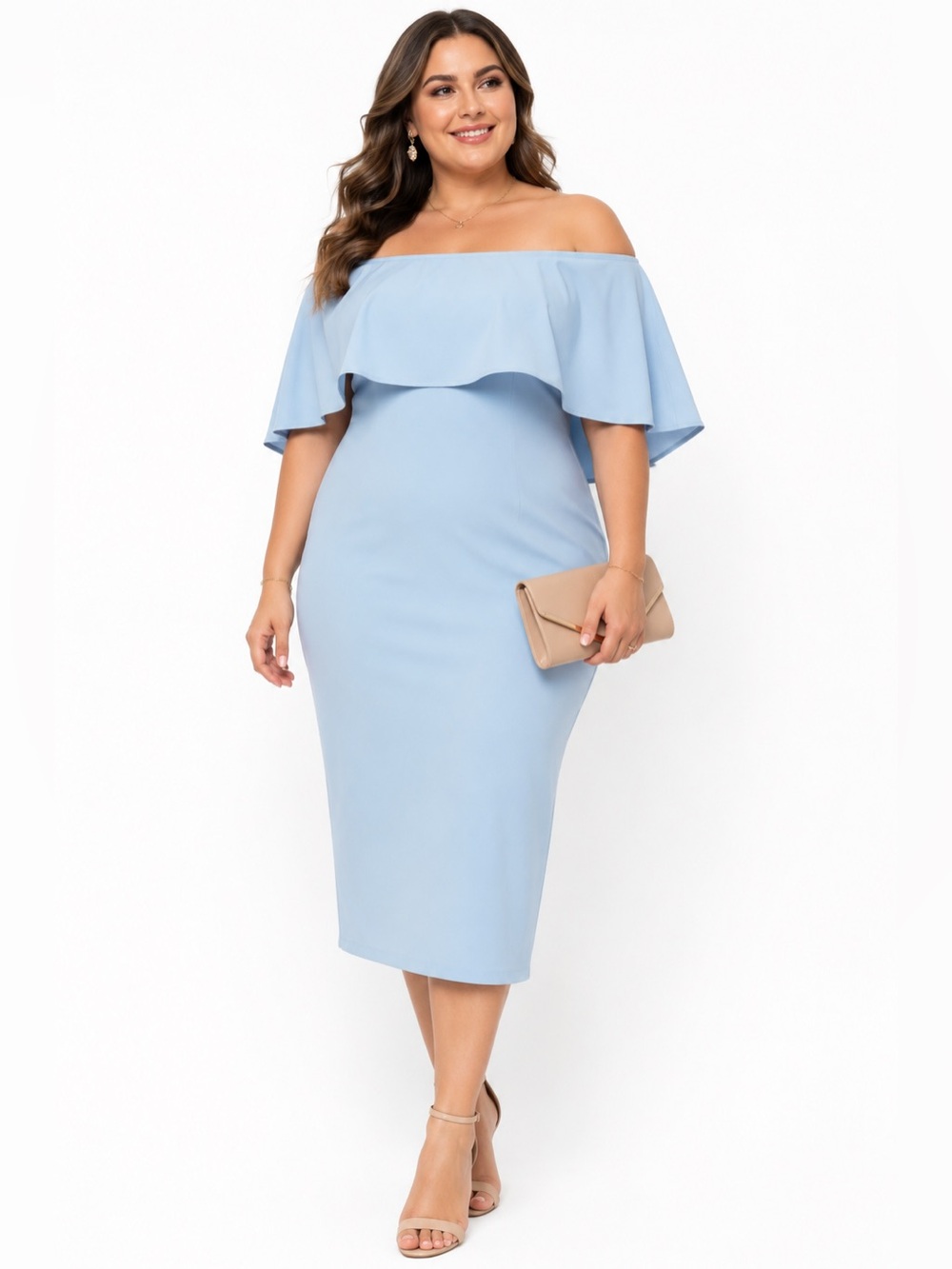 Grace Karin Plus Size 2XL Blue Off Shoulder Ruffle Midi Cocktail Dress